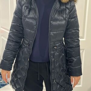 Dawn Levy Black Puffer Down Coat with Fur Trim
